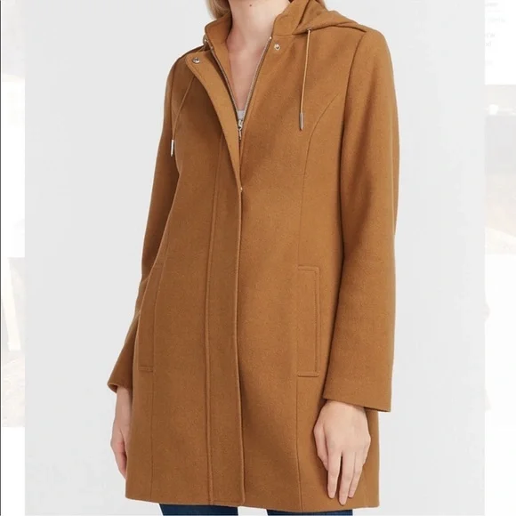 Express Women’s Camel Hooded Soft Wool-Blend Coat Size Small - Picture 4 of 15
